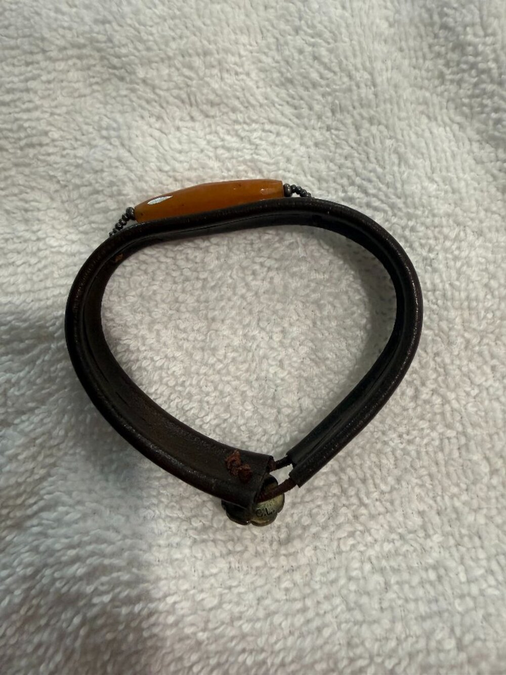 Vintage Boho Leather Bracelet Amber Tone Oval Stone Beaded Accent - Picture 2 of 4